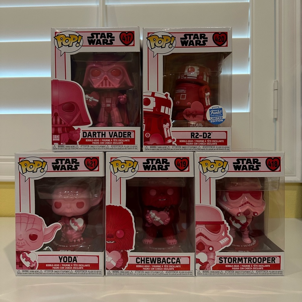 Star wars Funko Pop Valentines R2-D2 Darth Vader Stormtrooper Chewbacca Yoda set
